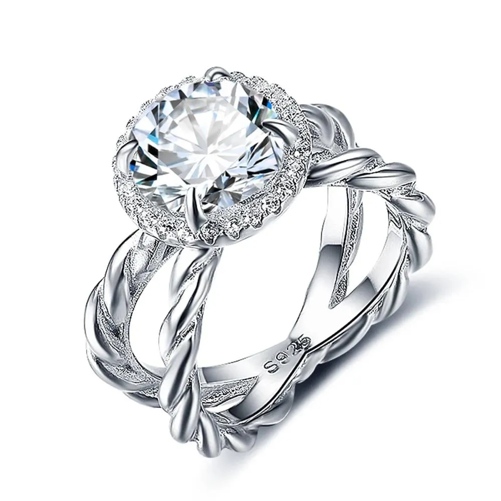 925 Sterling Silver Double Rope Open Ring with Cubic Zirconia Stone, Trendy Fashion Jewelry