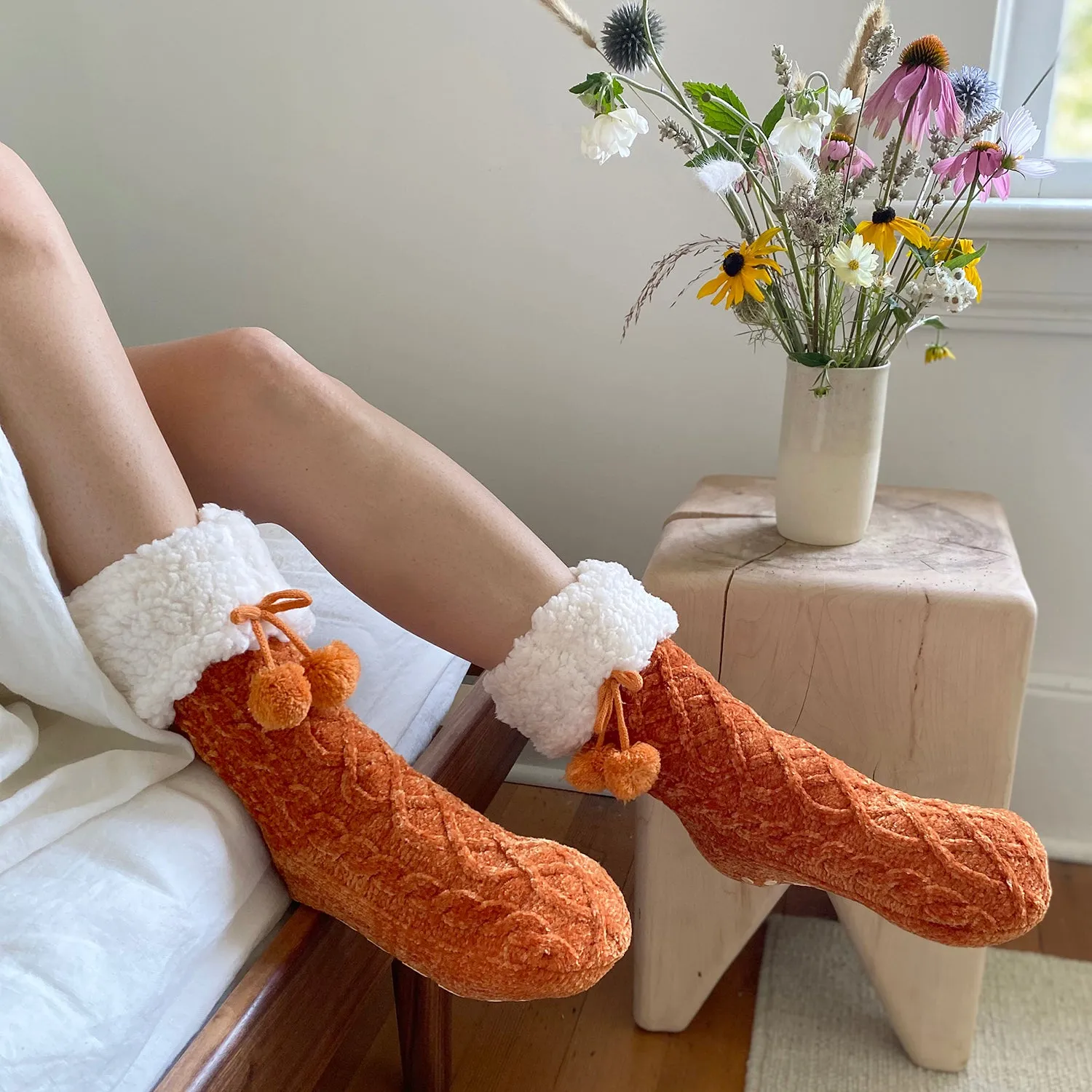 Chenille Cable Knit Classic Slipper Socks | Peach Caramel