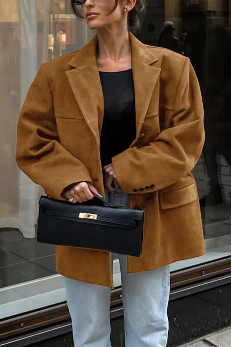 Chouyatou Women's Faux Suede Blazer Jacket Notched Lapel Single Breasted Faux Suede Leather Suit Jacket