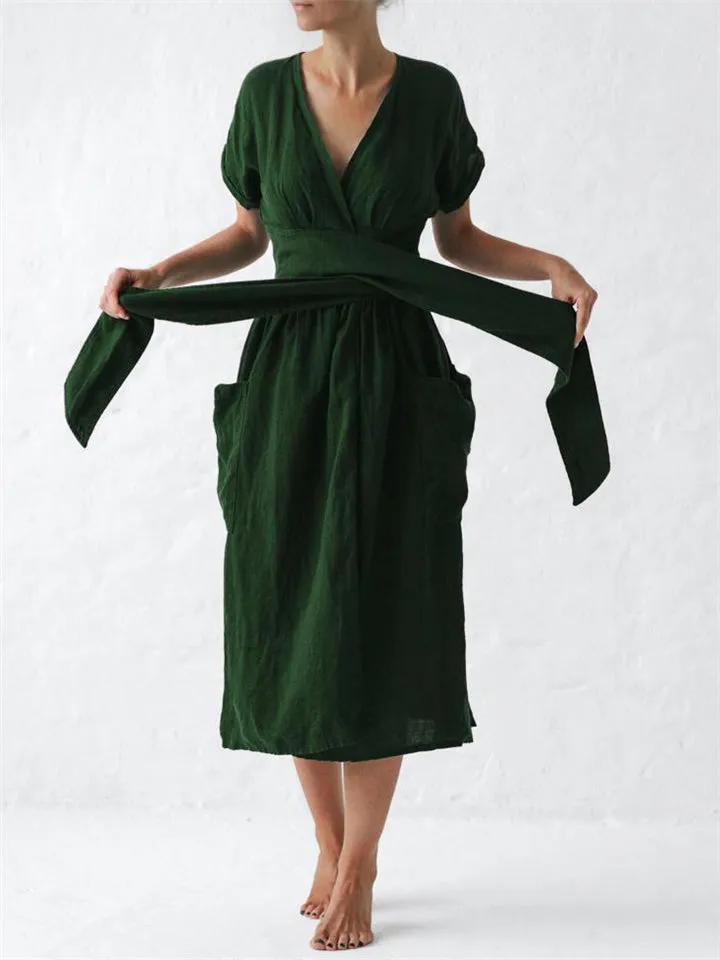Cotton Linen Waist-Tie Pocket Dress