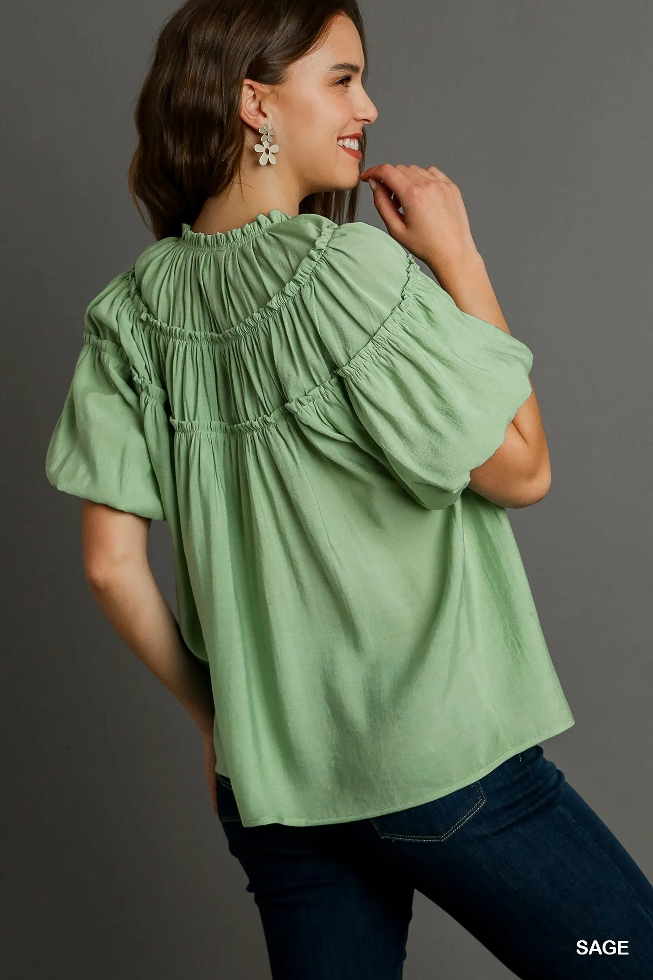 Kate Modal Pleated Split Neck Ruffle Top In Sage