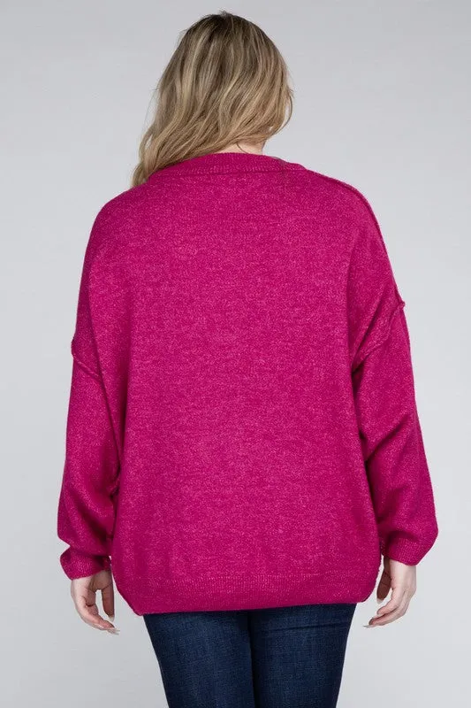 Oversized Round Neck Raw Seam Melange Sweater