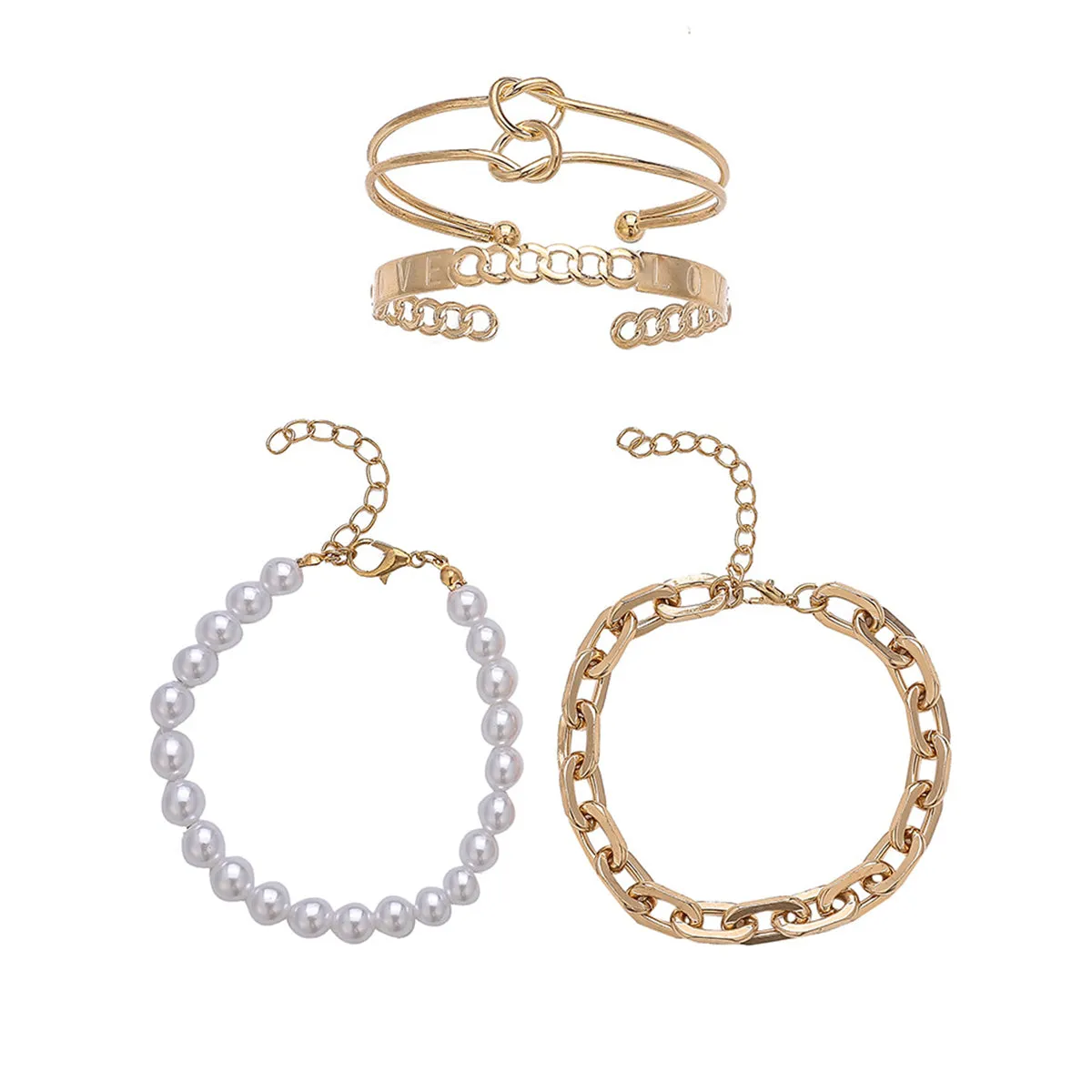Pearl & 18K Gold-Plated 'LOVE' Knot Cuff Bracelet Set