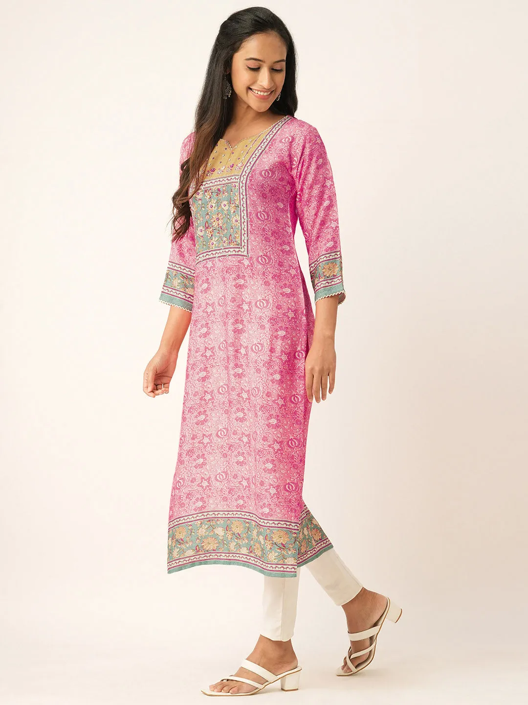 Pink Comfort Fit Chanderi Silk Kurta for Women Online - Zola