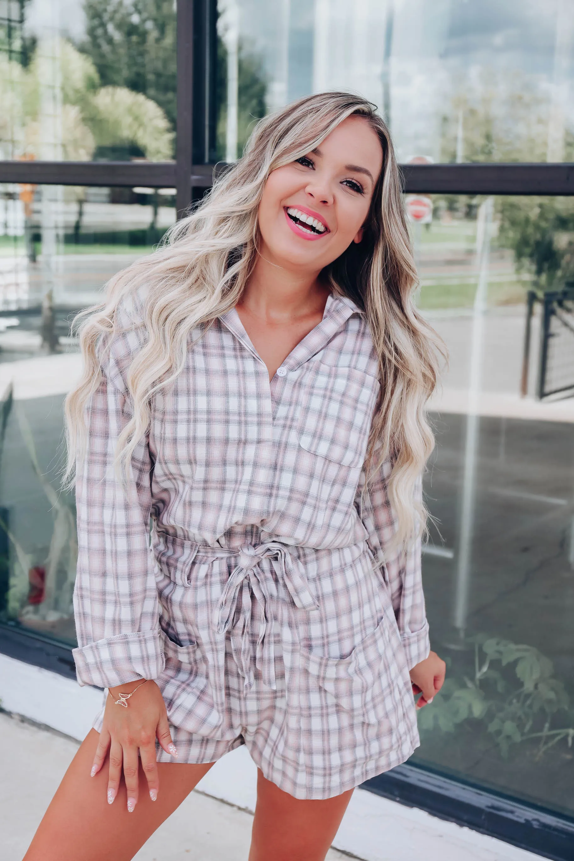 Simple Life Plaid Pocketed Romper - Grey