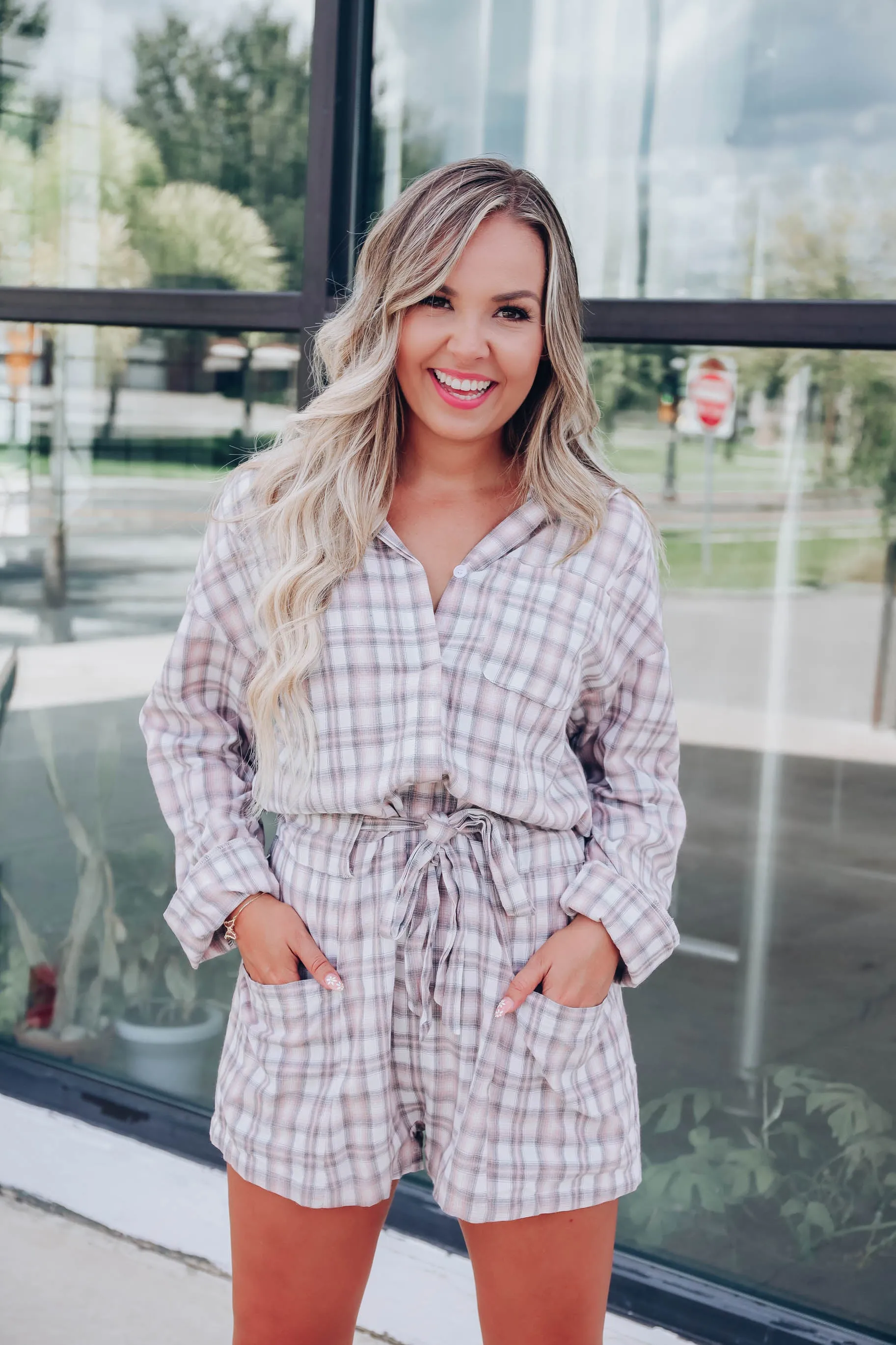 Simple Life Plaid Pocketed Romper - Grey