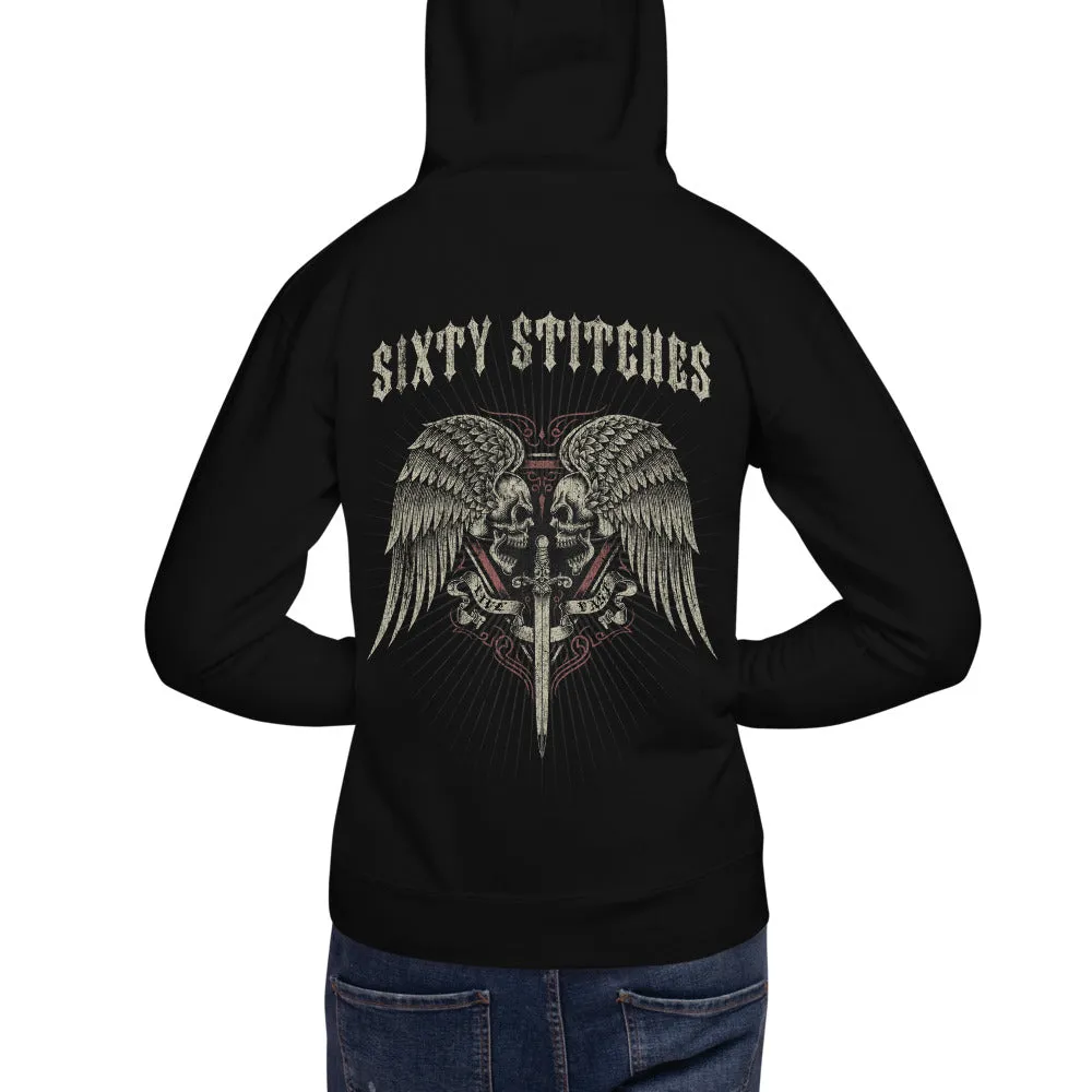 Sixty Stitches Distressed Skull & Wings Men’s Premium Pullover Hoodie