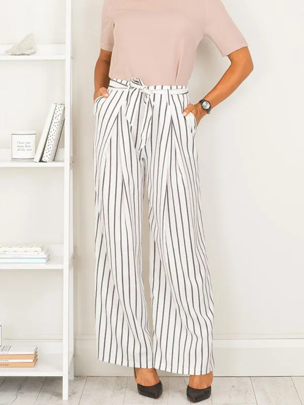 Striped Belt Wide-leg Pants Casual Straight Pants Women