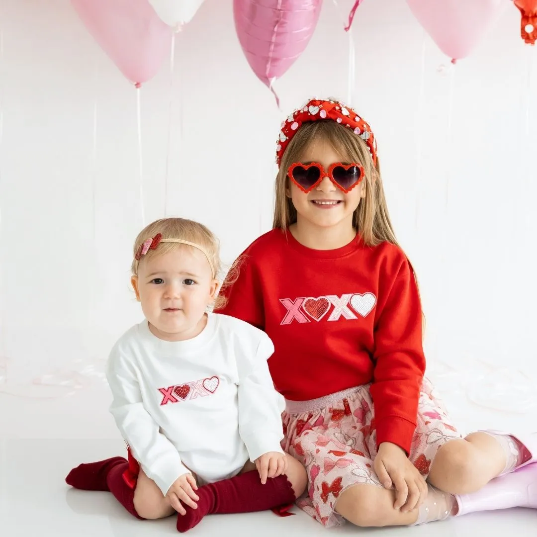 Sweet Wink XOXO Sequin Patch Valentine's Day Long Sleeve Romper - White