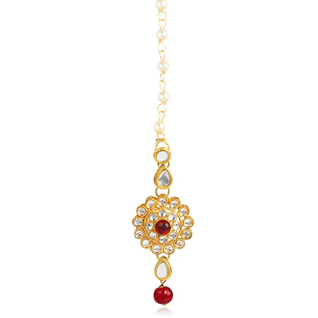 Traditional Gold Plated Red Beads Kundan Maangtikka For Women