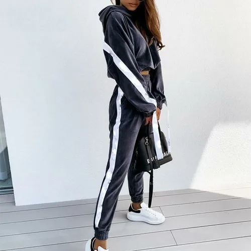 Velvet Women Set Long Sleeve Crop Hoodies And Pants