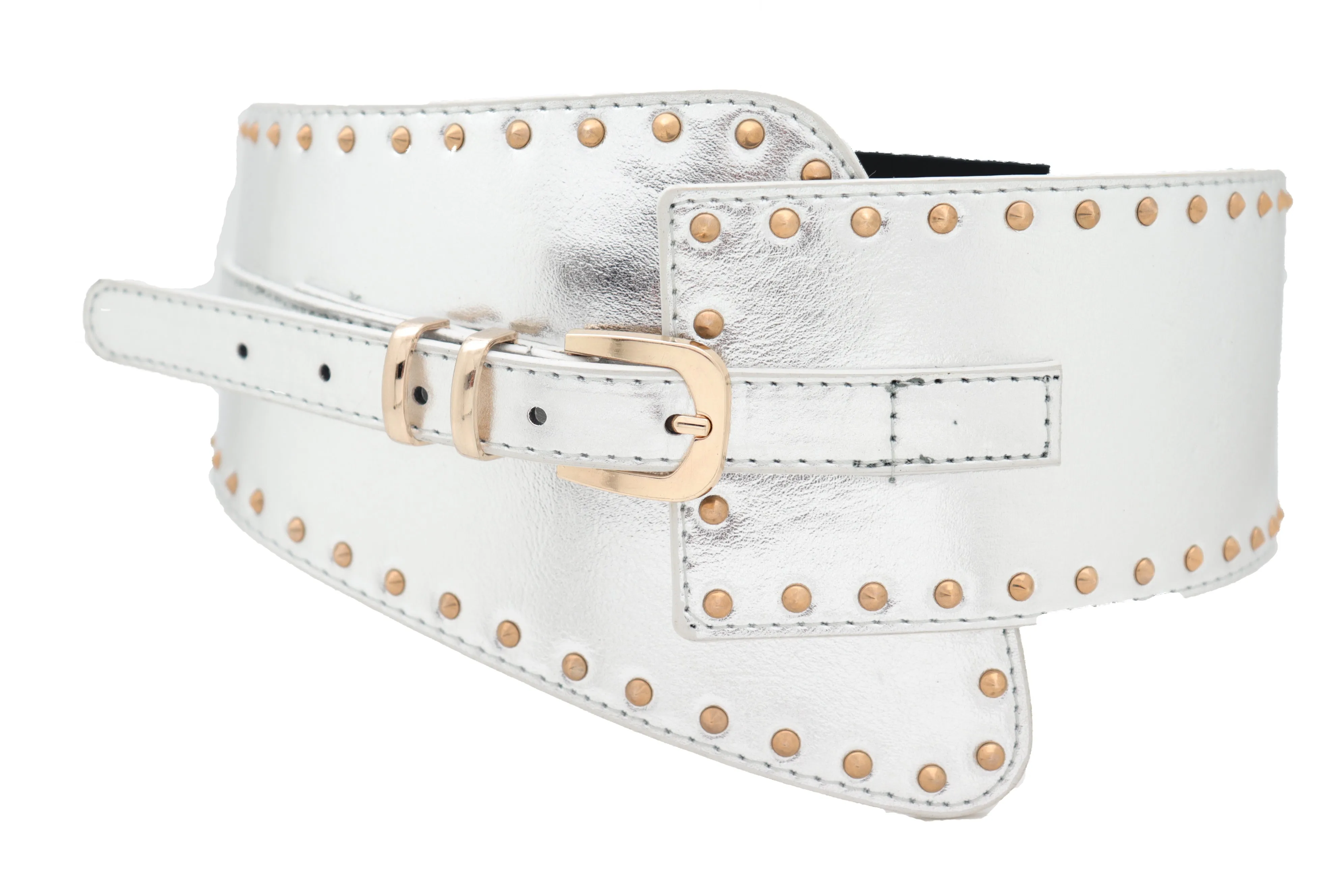 Wide Western Stretch Faux Leather Shiny Silver Fashion Belt Gold Stud XS S