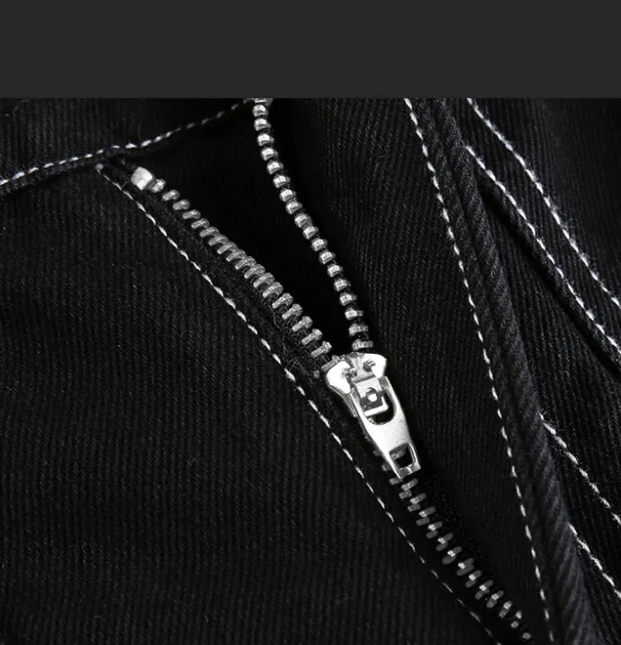 Women's Loose White Thread Black Cotton Jeans