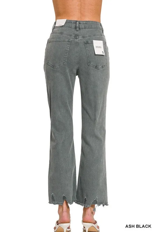 ZENANA Acid Washed High Waist Distressed Straight Pants
